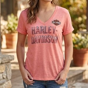 Biker Chic Vibrant Coral Harley Davidson Graphic Tee Medium